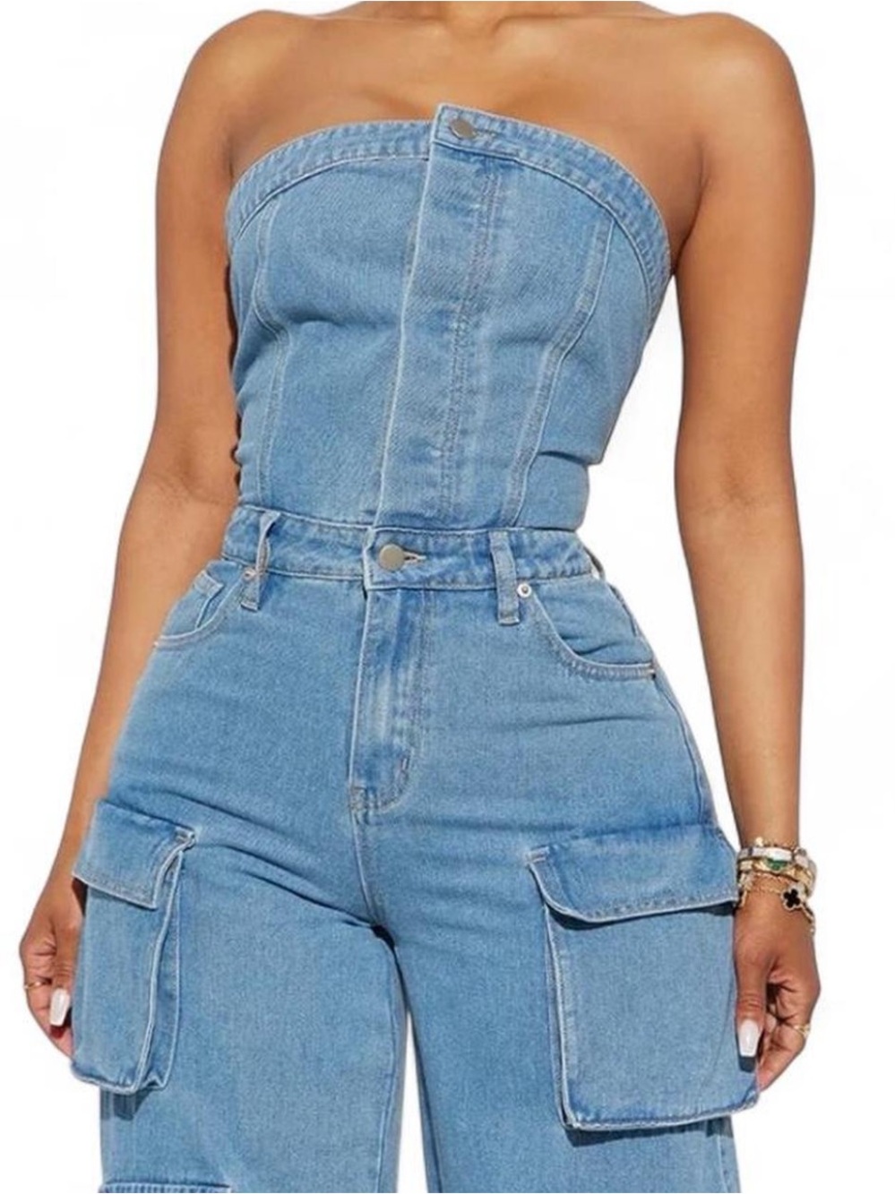 Denim Strapless Cargo Jeans Jumpsuit - Light Blue